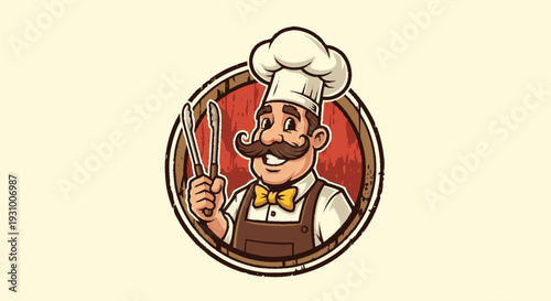 Cartoon Chef with Tongs and Mustache.