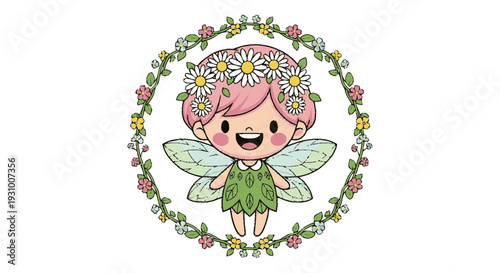 Cartoon Fairy with Pink Hair and Flowers.