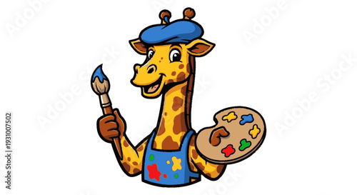Cartoon Giraffe Artist with Paintbrush and Palette.