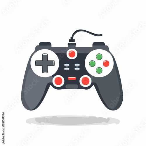 Cartoon gaming controller with buttons, cord, and modern style illustration.
