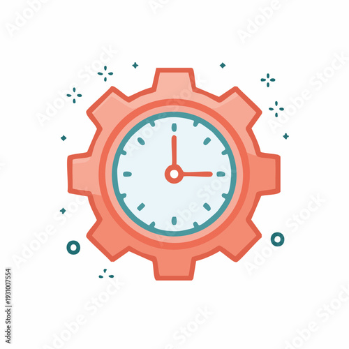 Clock face within a gear symbol showing the time of three o'clock.