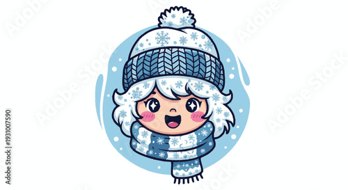 Cartoon Girl Wearing Winter Hat and Scarf.
