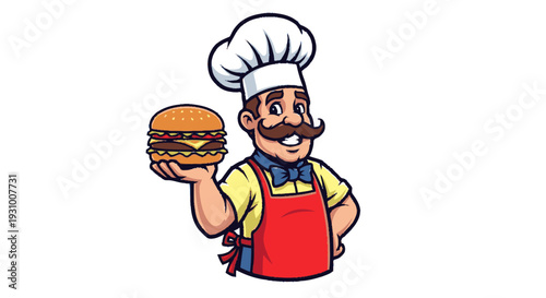 Cartoon Chef Holding Burger Illustration.