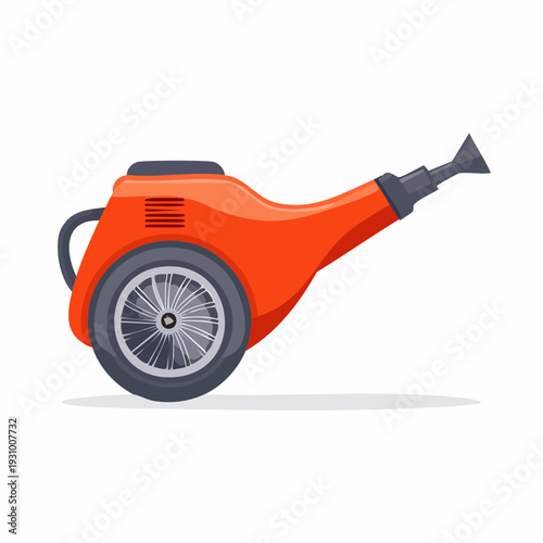Cartoon orange lawnmower with a wheel, on a white background, vector illustration