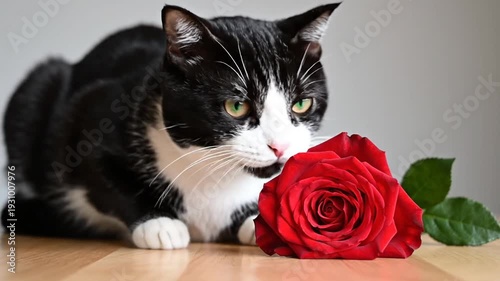 Wallpaper Mural Black and white cat looking at a red rose indoors Torontodigital.ca