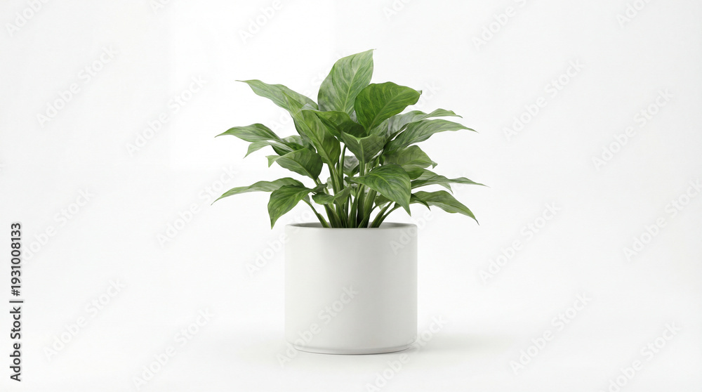 Fototapeta premium Serene Houseplant in Ceramic Pot: A lush, vibrant houseplant in a minimalist ceramic pot provides a touch of natural beauty, enhancing the serenity and freshness of an interior space. 