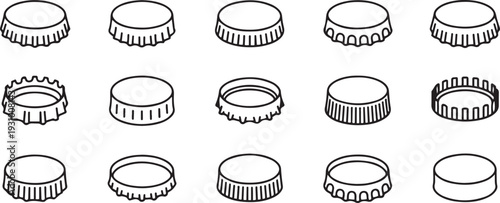 Bottle caps isolated outline set icon. outline set icon lid of cover. one line art icon drawing vector