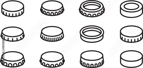 Bottle caps isolated outline set icon. outline set icon lid of cover. one line art icon drawing vector
