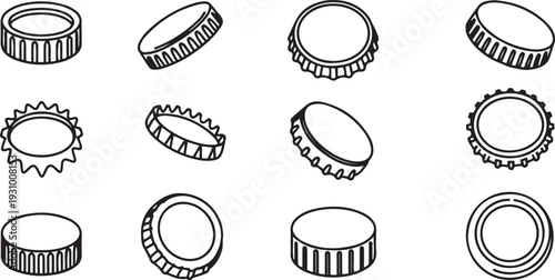 Bottle caps isolated outline set icon. outline set icon lid of cover. one line art icon drawing vector