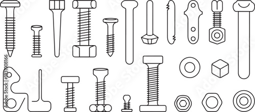Metal fasteners outline vector set icon. one line art icon drawing vector