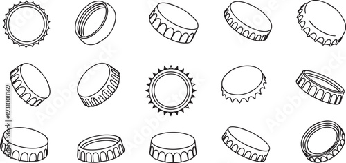 Bottle caps isolated outline set icon. outline set icon lid of cover. one line art icon drawing vector