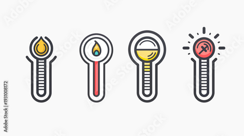 Colorful illustrated thermometers with various fillings representing temperature variations, in a linear arrangement