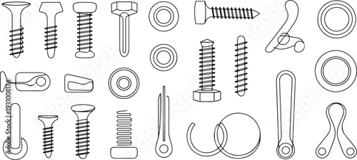 Metal fasteners outline vector set icon. one line art icon drawing vector