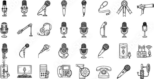 Hand Drawn Microphone and Audio Icons Set. Doodle Collection of Sound Recording, Voice, and Communication Equipment Sketches.