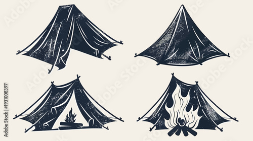 A collection of stylized illustrations showing various camping tents and campfires