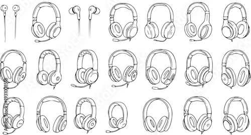 Collection of Hand-Drawn Line Art Illustrations Featuring Various Types of Headphones, Gaming Headsets, and In-Ear Earphones, Perfect for Tech, Music, and Audio Themes