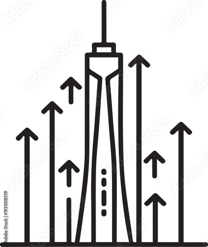 tallest building with arrows. one line art icon drawing vector