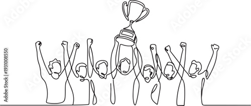  Hand drawing line the winning team lifting the trophy. one line art icon drawing vector