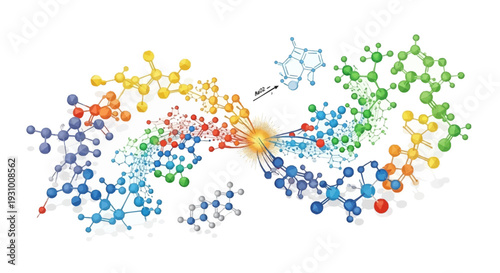 Vibrant Molecular Structure with Colorful Particles and Central Energy Source.