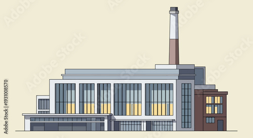 Industrial building with modern architectural design and smokestack.