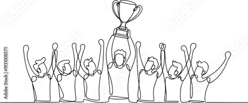  Hand drawing line the winning team lifting the trophy. one line art icon drawing vector