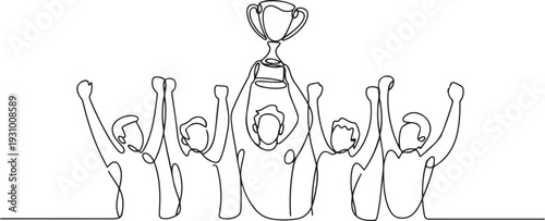  Hand drawing line the winning team lifting the trophy. one line art icon drawing vector