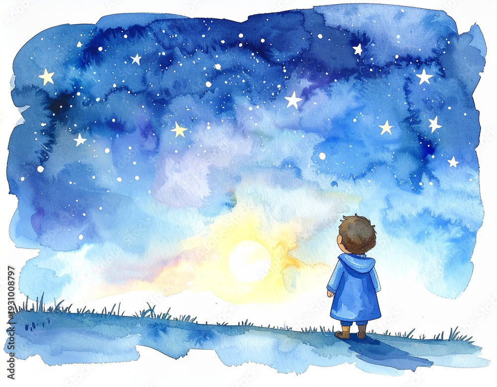 Naklejka premium A little boy in a cloak looks up at a magical night sky dotted with golden stars and a bright moon. A watercolor illustration full of dreams and childish imagination.
