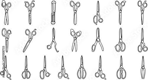 Hand-drawn doodle sketch illustration set of various scissors types and shapes, black outline on white background, collection of different cutting tools.