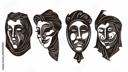 Four stylized mask illustrations with varying expressions and headwear, done in monochrome shades