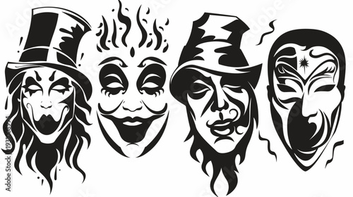 Black and white illustration of four stylized faces, likely for theatrical or artistic use