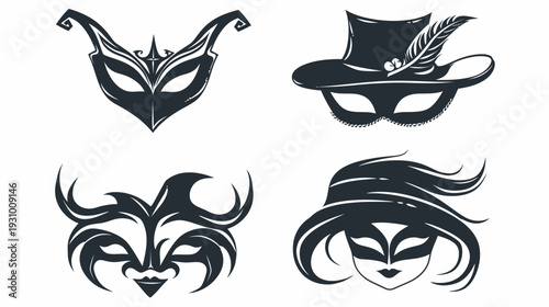 Four stylized masks with detailed designs, arranged on white background, dark grey color