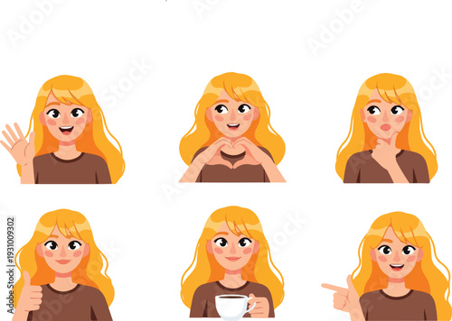 Set of 6 blonde woman character expressions vector