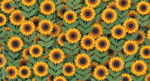 Seamless pattern of yellow sunflowers with green leaves vector