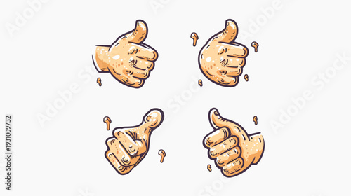 Four stylized cartoon thumbs-up, depicting a positive gesture, each in a different orientation