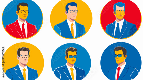 A collection of six stylized male portraits in circles, wearing suits and glasses