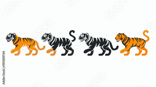 Four stylized tigers, with contrasting color schemes, walking across a white background