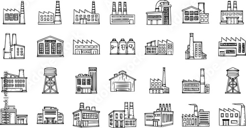 Industrial Icons: Black and White Factory  Building Illustrations