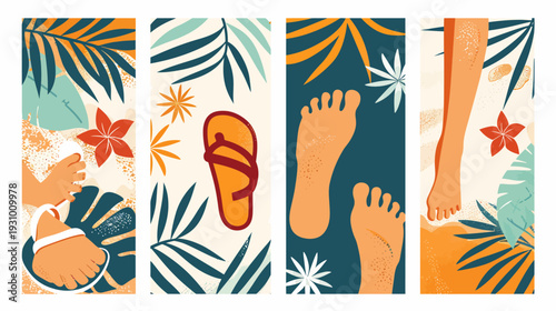 A summer-themed illustration showing feet, flowers, and palm leaves. With bright colors and textures