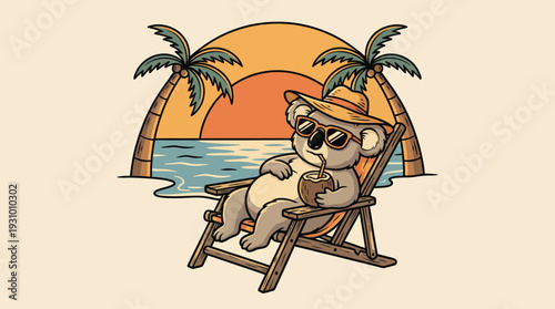 Cartoon Koala Relaxing on Beach Chair.