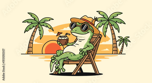 Cartoon Frog Relaxing on Beach Chair.