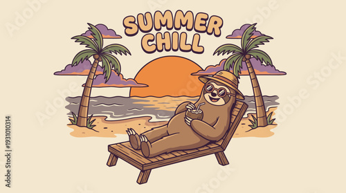 Cartoon Sloth Relaxing on Beach Chair.