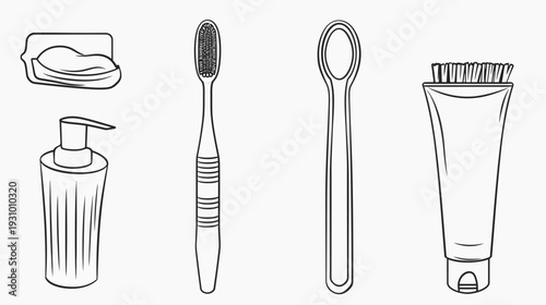 A black and white illustration of hygiene products, including soap, a toothbrush, a tongue cleaner, and toothpaste
