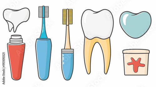A collection of dental hygiene icons, including toothbrushes, teeth, and dental care products