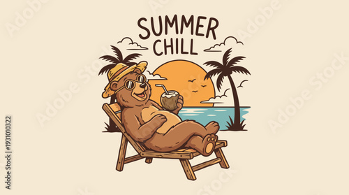 Cartoon Sloth Relaxing on Deckchair with Drink.