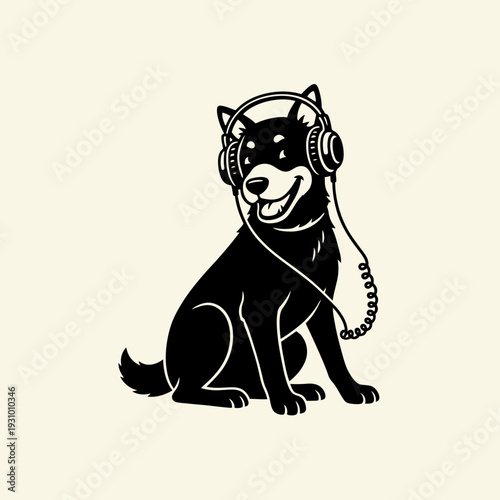 Dog Wearing Headphones Listening Music.