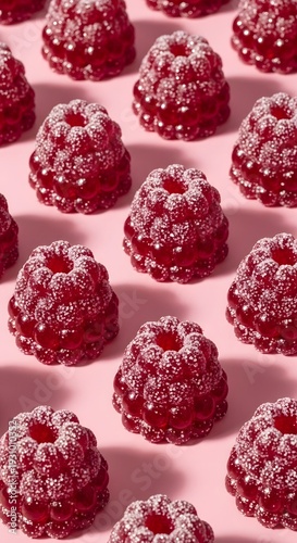 Rows of vibrant red raspberry candies dusted with sugar on a pink background