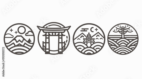 Four circular minimalist illustrations featuring landscapes, architectural structures, and natural elements