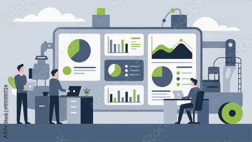 Professionals analyzing data visualizations on a large screen in a modern office setting from a slightly elevated viewpoint