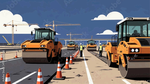 Road construction site with heavy machinery and traffic cones on a sunny day with clear blue sky