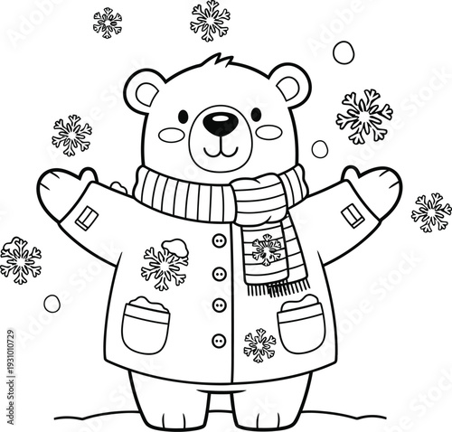 A cheerful polar bear enjoying winter with snowflakes all around